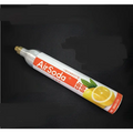 A sleek metallic silver co2 tank with an orange lemon label for making bubble water in the light blue bubble water machine with clear glass bottle