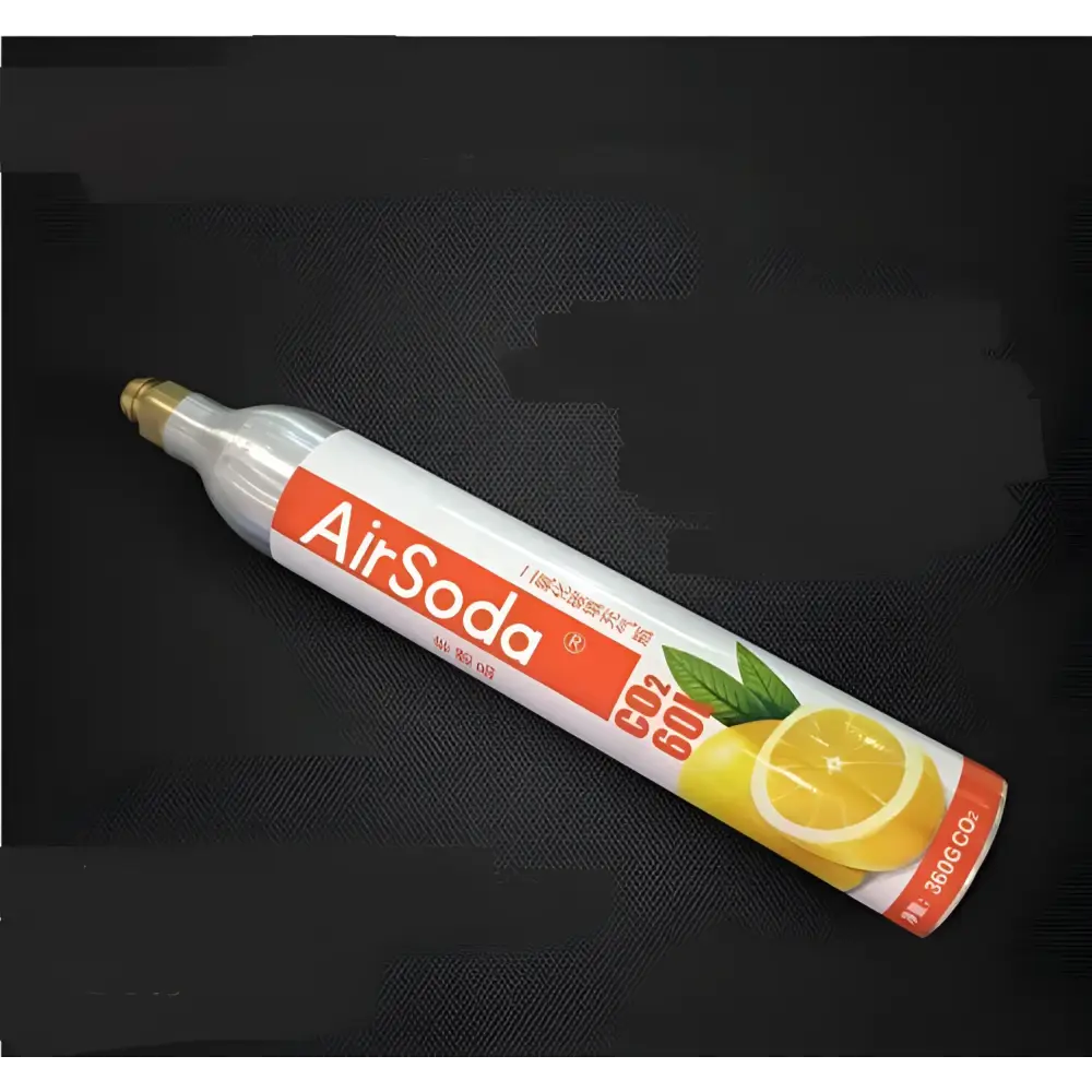 A sleek metallic silver co2 tank with an orange lemon label for making bubble water in the light blue bubble water machine with clear glass bottle