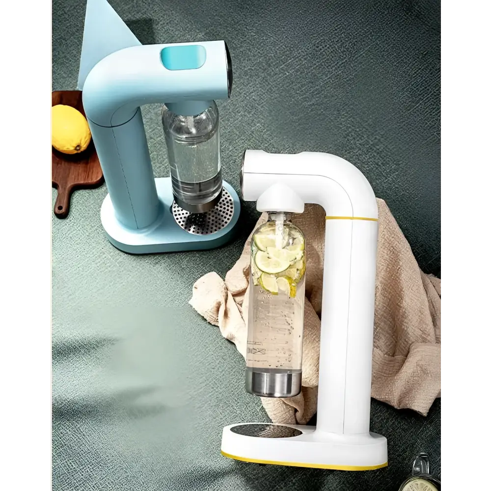Light blue bubble water machine with clear glass bottle and silver base for making bubble water