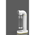 White and yellow bubble water machine with clear glass bottle for making bubble water in a light blue design