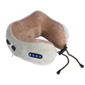 Beige and gray fabric car massage pillow with plush travel neck massager and built-in massage controls