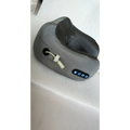Light blue fabric car massage pillow neck massager with sleek contoured design and three illuminated control buttons