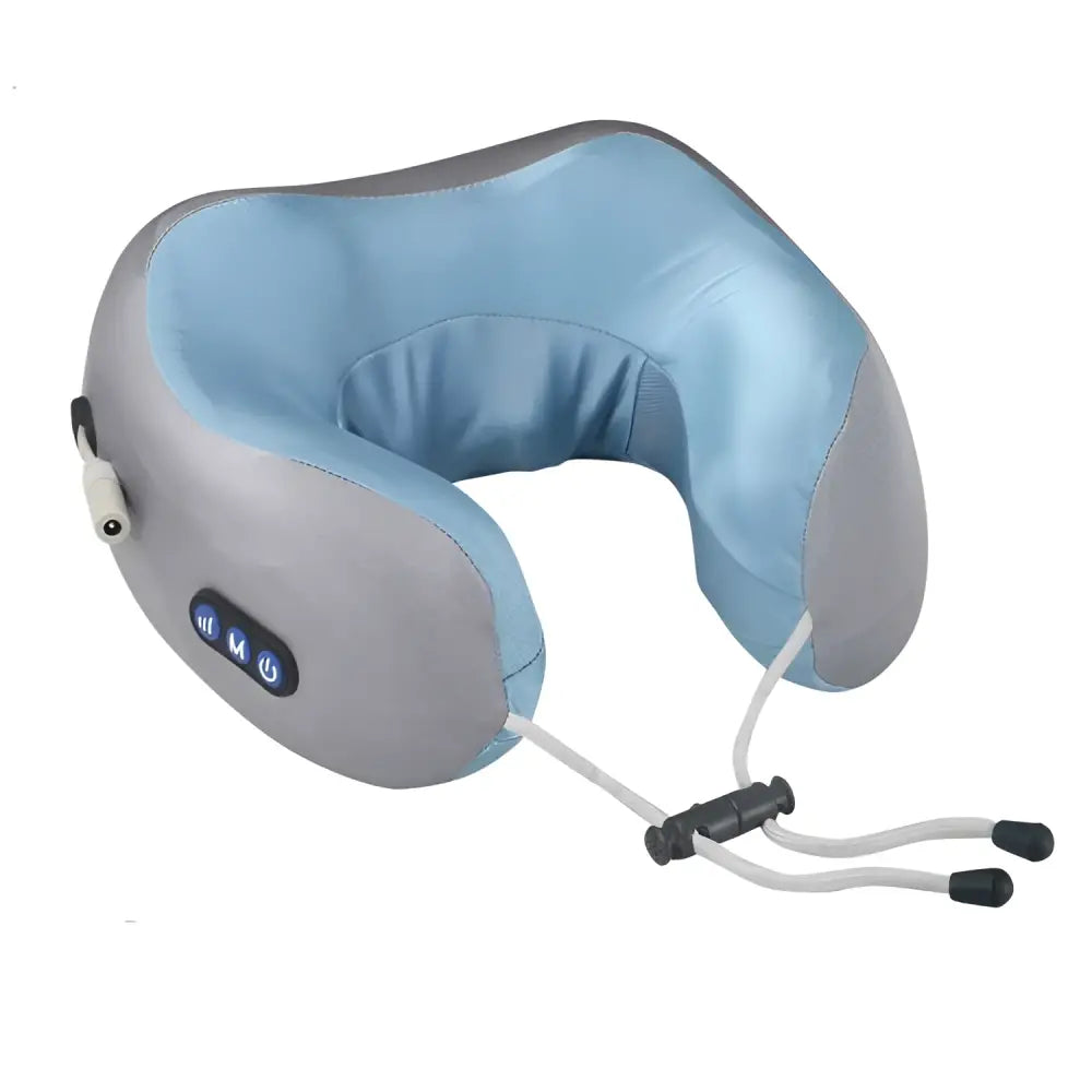 Light blue fabric car massage pillow with gray neck massager featuring control buttons and adjustable straps