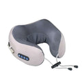 Gray and beige fabric car massage pillow with control buttons and adjustable straps for neck massager use
