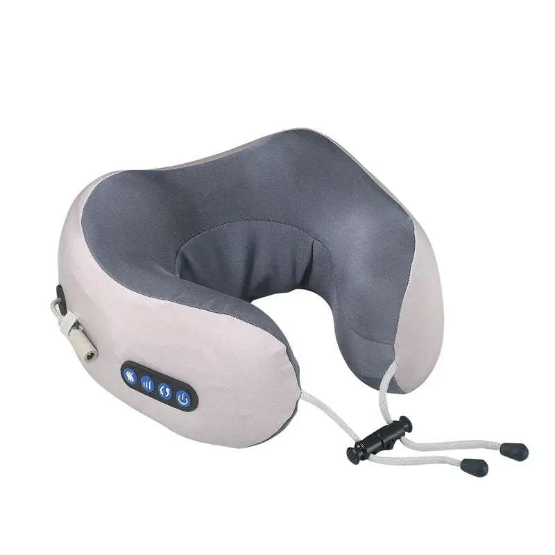 Gray and beige fabric car massage pillow with control buttons and adjustable straps for neck massager use