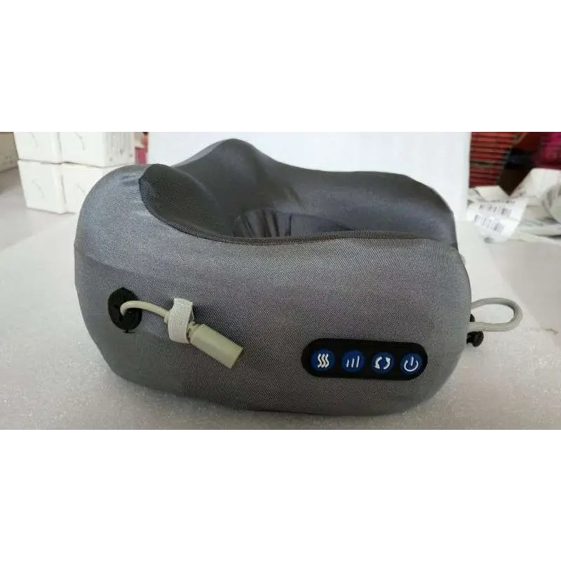 Light blue fabric car massage pillow with gray fabric neck massager featuring heat vibration and massage controls