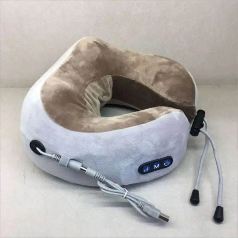 Beige and white plush electric neck massager with usb charging and controls for fabric car massage pillow use