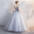 Light blue floral vocal choral art exam long skirt with delicate lavender tulle, lace-up back, and black floral appliqués