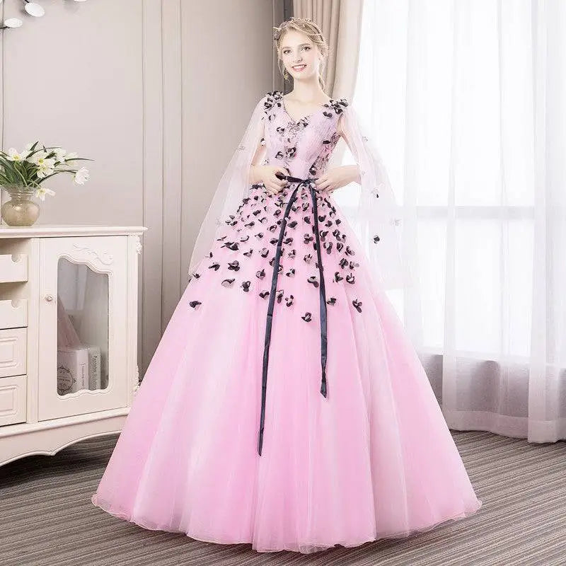 Light blue floral vocal choral art exam long skirt with delicate pink ball gown style and black floral appliqués detail