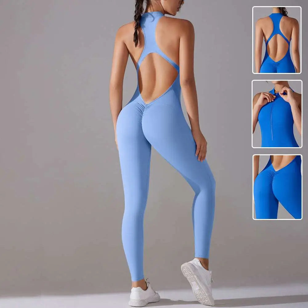 Light blue slim bodysuit long pants jumpsuit with high neck and back cutout for jumpsuit yoga fitness use