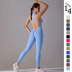Light blue long pants jumpsuit with back cutout and high neck designed for jumpsuit yoga fitness slim bodysuit use