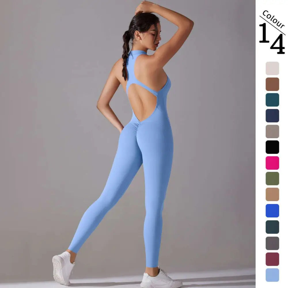 Light blue long pants jumpsuit with back cutout and high neck designed for jumpsuit yoga fitness slim bodysuit use