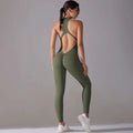Olive green slim bodysuit with high neck and cutout back design ideal for jumpsuit yoga fitness and long pants jumpsuit use