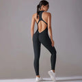 Black high-necked slim bodysuit with cut-out back design for jumpsuit yoga fitness and long pants jumpsuit use