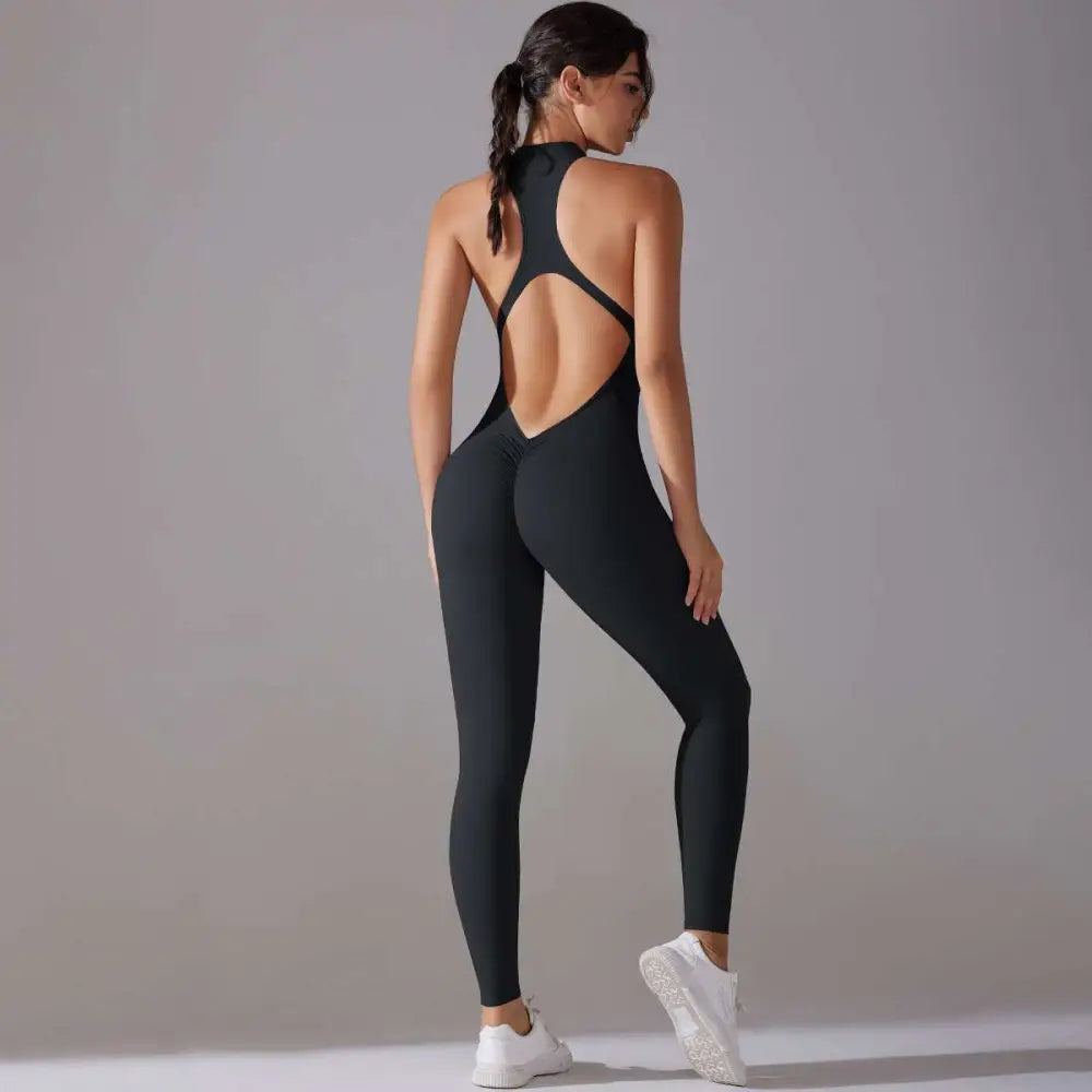 Black high-necked slim bodysuit with cut-out back design for jumpsuit yoga fitness and long pants jumpsuit use