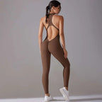 A sleek solid brown slim bodysuit with a high neckline and open back designed for jumpsuit yoga fitness and long pants jumpsuit use