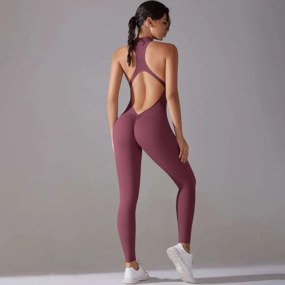 Maroon form-fitting athletic slim bodysuit with high neckline and open back design for jumpsuit yoga fitness use