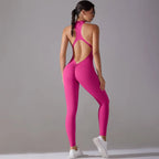 A vibrant fuchsia slim bodysuit with a high neck and cut-out back design for jumpsuit yoga fitness use