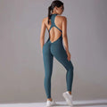 Teal slim bodysuit long pants jumpsuit with high neckline and open back design for yoga fitness activities