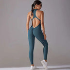 Teal slim bodysuit long pants jumpsuit with high neckline and open back design for yoga fitness activities