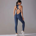Navy blue high-neck slim bodysuit with cut-out back design for jumpsuit yoga fitness and long pants jumpsuit use