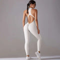 White high-necked long pants jumpsuit with cut-out back and seamless slim bodysuit design for jumpsuit yoga fitness