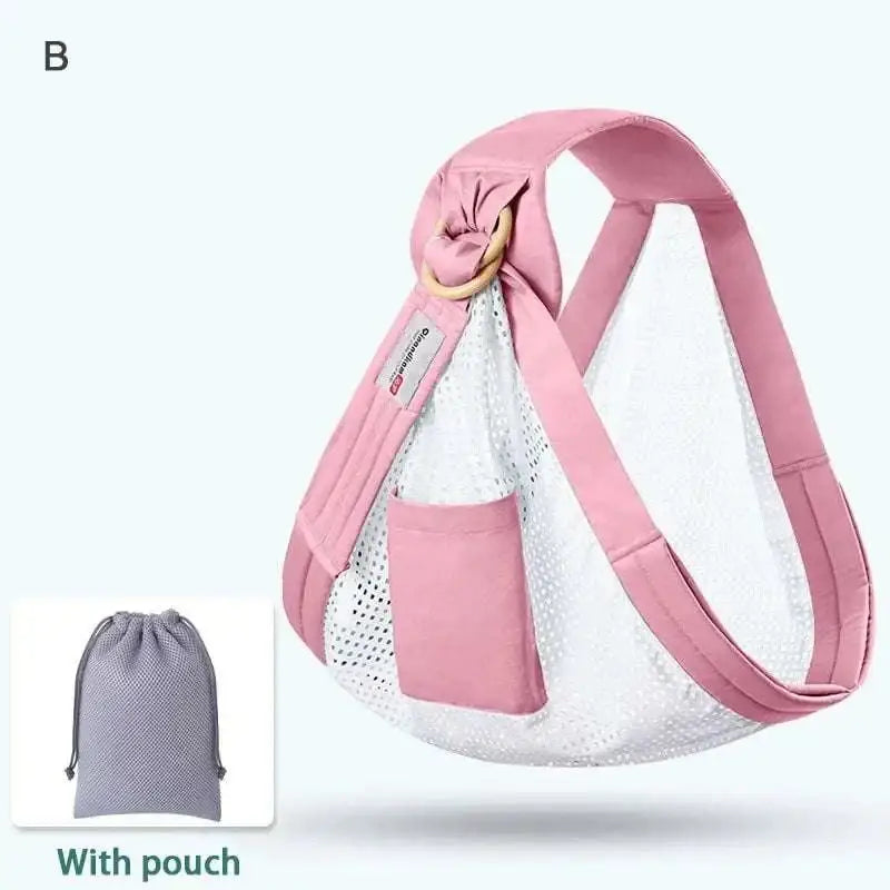 Pink mesh newborn sling with wooden ring and adjustable straps featuring a small pink pocket on the side