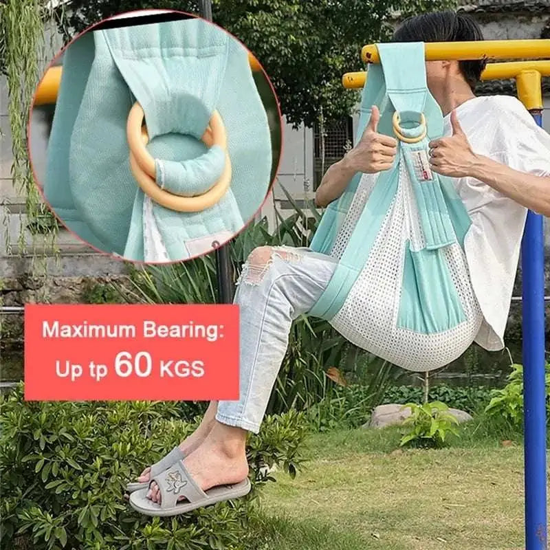Light blue mesh newborn sling with padded shoulder straps and wooden ring handle for nursing cover use