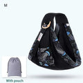 Black newborn sling with blue and white jellyfish pattern mesh fabric and wooden ring nursing cover top view