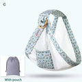 Light blue mesh newborn sling with wooden ring nursing cover featuring floral fabric and a gray drawstring pouch