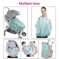 Light blue mesh newborn sling with leaf pattern, wooden ring, fabric baby carrier, and front pocket for nursing cover use