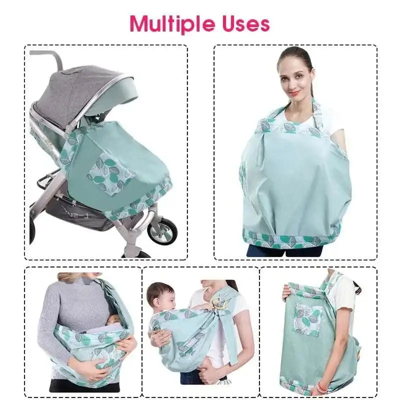 Light blue mesh newborn sling with leaf pattern, wooden ring, fabric baby carrier, and front pocket for nursing cover use
