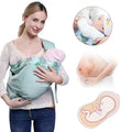 Light green fabric baby carrier with leaf pattern shown alongside light blue mesh newborn sling with wooden ring
