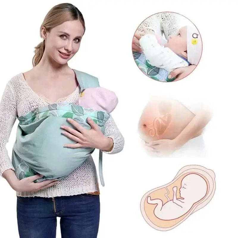 Light green fabric baby carrier with leaf pattern shown alongside light blue mesh newborn sling with wooden ring