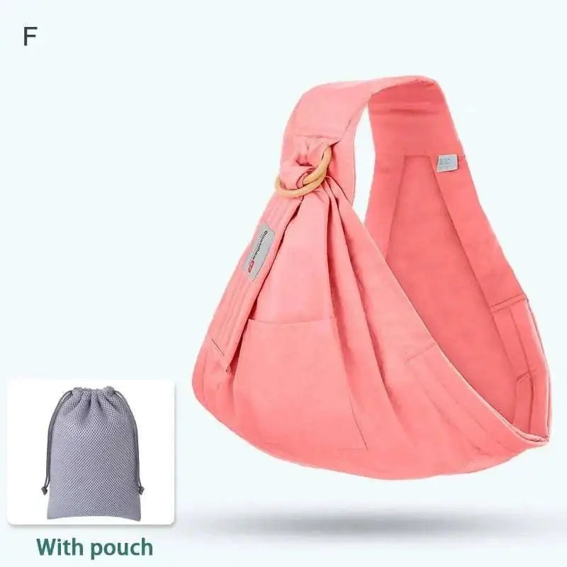 Light blue mesh newborn sling with wooden ring and side pockets designed as a nursing cover