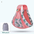 Pink leaf-patterned baby carrier with matching pouch shown next to light blue mesh newborn sling with wooden ring nursing cover