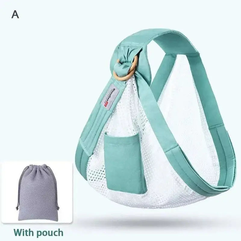 Teal newborn sling with breathable mesh fabric and wooden ring nursing cover attachment for easy adjustment