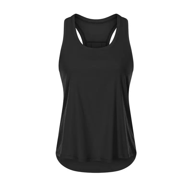 Black racerback tank top with sleek flowing silhouette and subtle side panels for sleeveless yoga uniform use