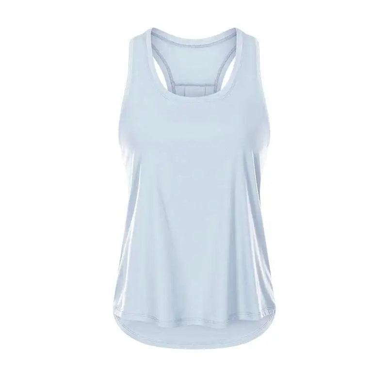 Light blue sleeveless yoga uniform blouse with racerback design and high-low hemline for athletic wear