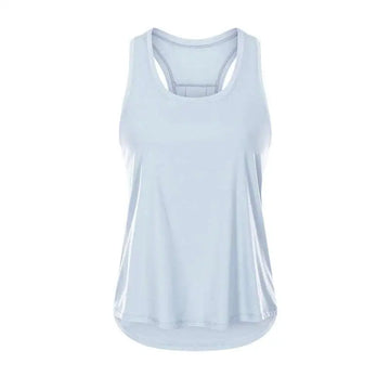 Light blue sleeveless yoga uniform blouse with racerback design and high-low hemline for athletic wear