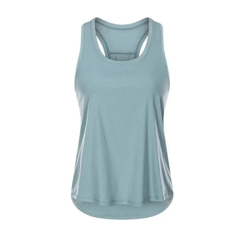 Light blue sleeveless yoga uniform blouse with racerback design and high-low hemline for sports nude sleeveless use