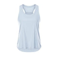 Light blue sleeveless yoga uniform blouse with racerback high-low hemline made of smooth stretchy fabric