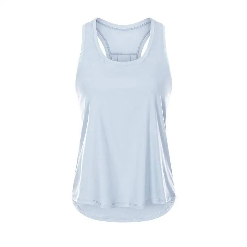 Light blue sleeveless yoga uniform blouse with racerback high-low hemline made of smooth stretchy fabric