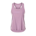 A soft lavender sleeveless yoga uniform blouse with racerback design and high-waisted hem for activewear use