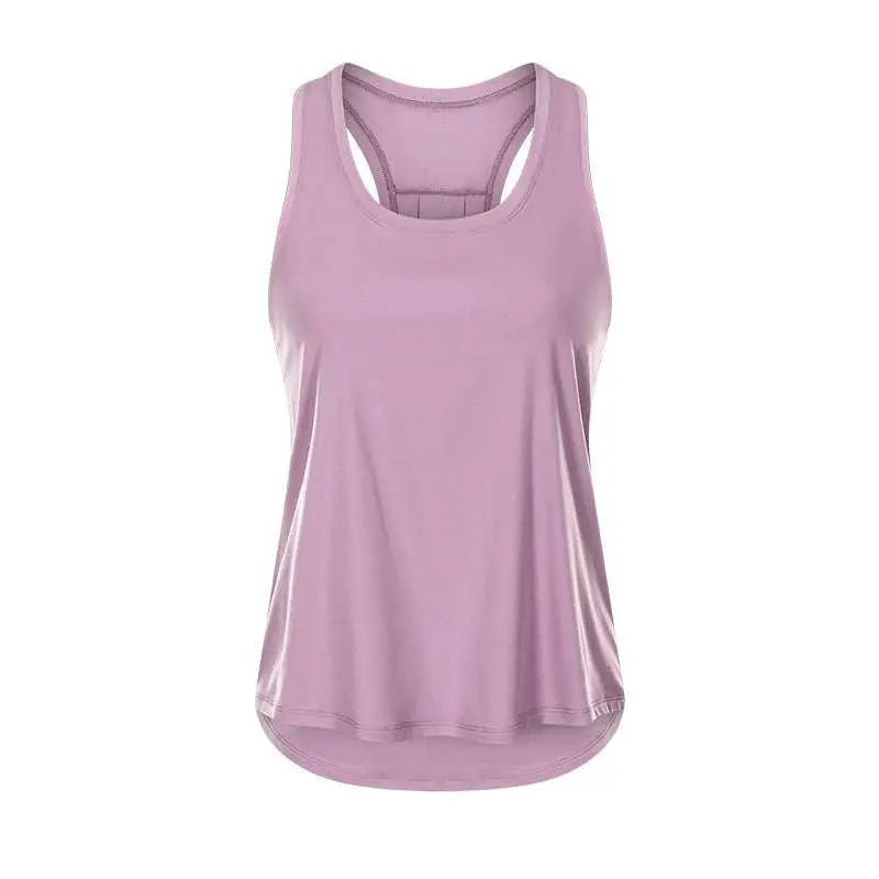 A soft lavender sleeveless yoga uniform blouse with racerback design and high-waisted hem for activewear use