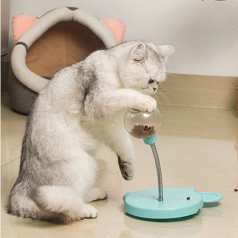 Light blue plastic cat-shaped toy with a clear glass sphere and metal spring mechanism featured in the ultimate pet accessories guide for happy healthy pets.