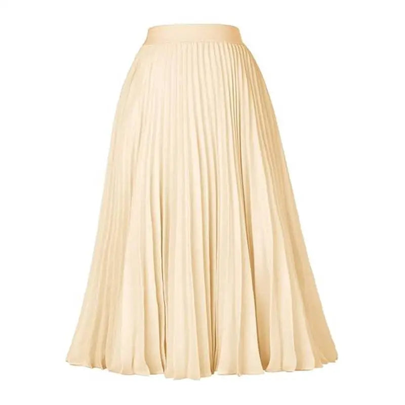 Cream-colored pleated midi swing casual skirt with smooth flowing fabric and matching elastic waistband