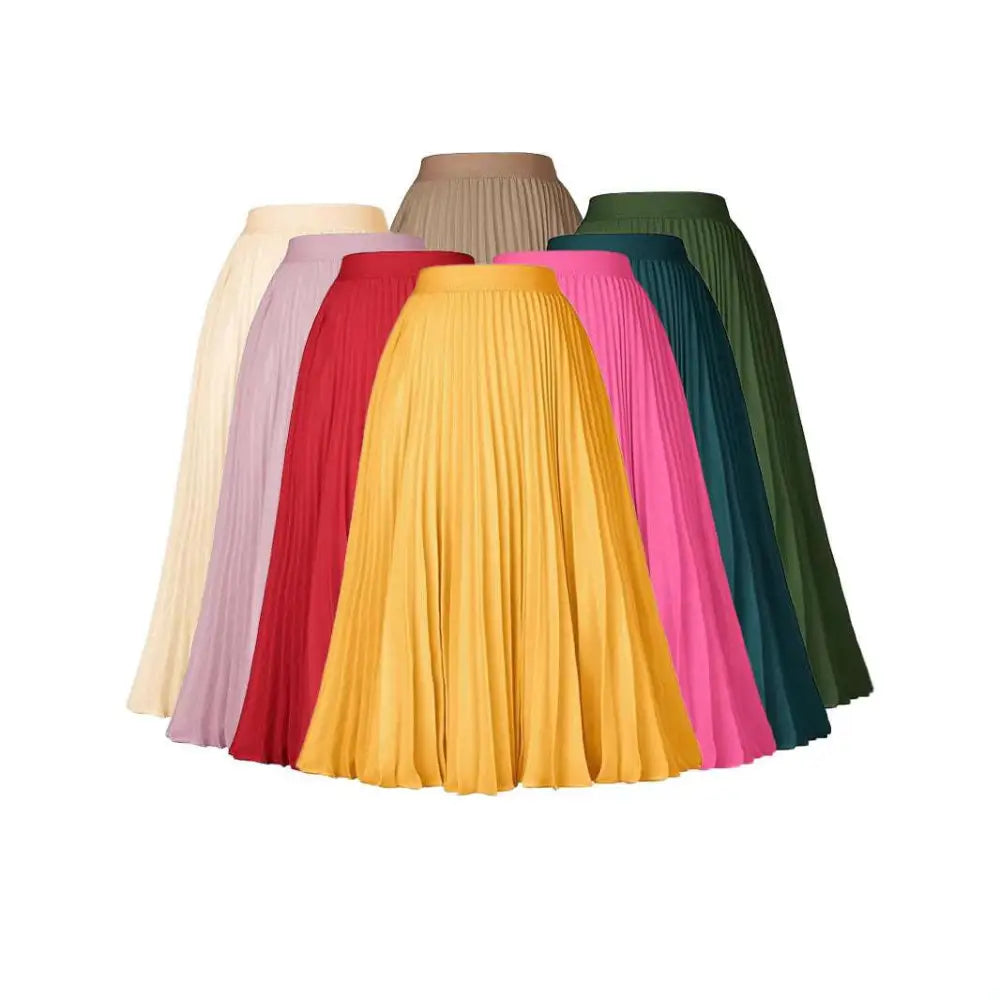 A vibrant yellow pleated midi swing casual skirt with smooth flowing fabric and a high waistband