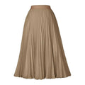 Beige pleated midi swing casual skirt with smooth flowing fabric and elastic waistband for comfortable wear