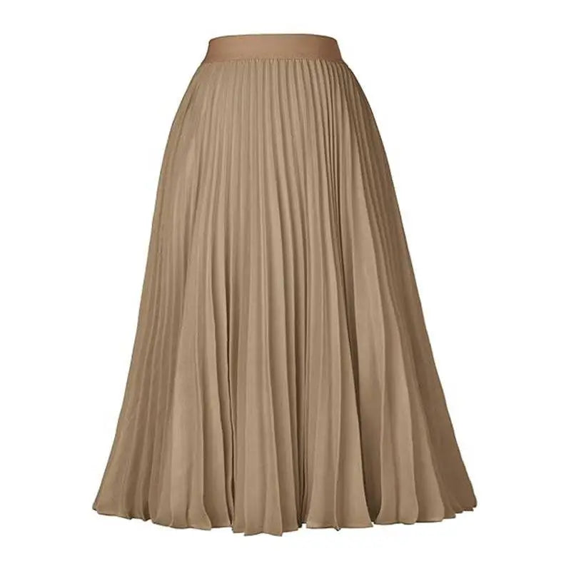 Beige pleated midi swing casual skirt with smooth flowing fabric and elastic waistband for comfortable wear